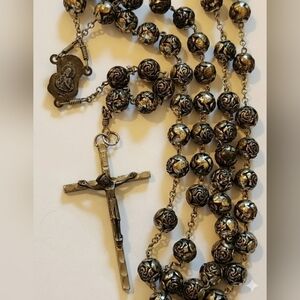 Vintage Italian Rosary Ornate Metal Rose Floral Beads INRI